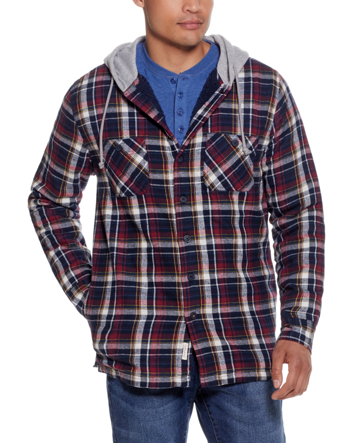 Men's Sherpa Lined Flannel Hooded Shirt Jacket - Blue