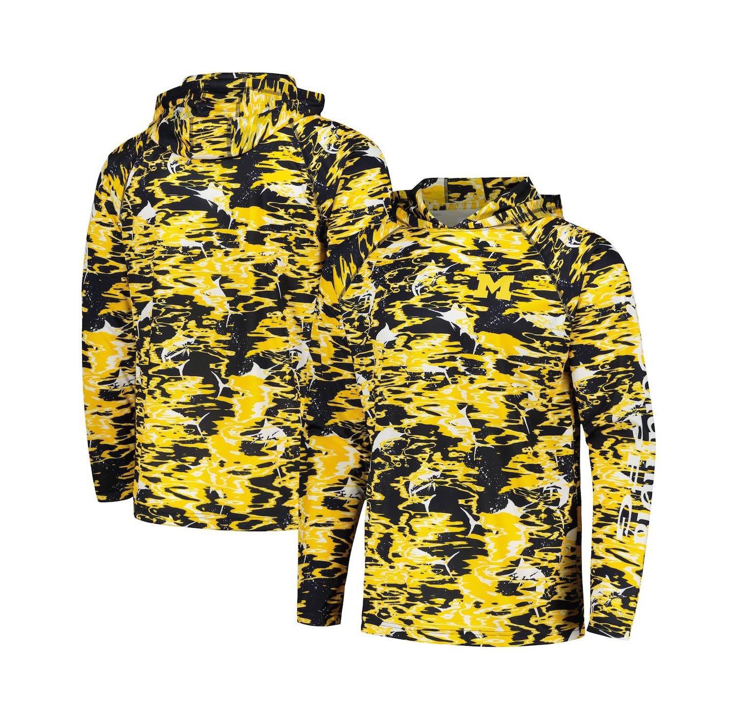 Men's Navy Michigan Wolverines PFG Terminal Tackle Omni-Shade Rippled Long Sleeve Hooded T-shirt