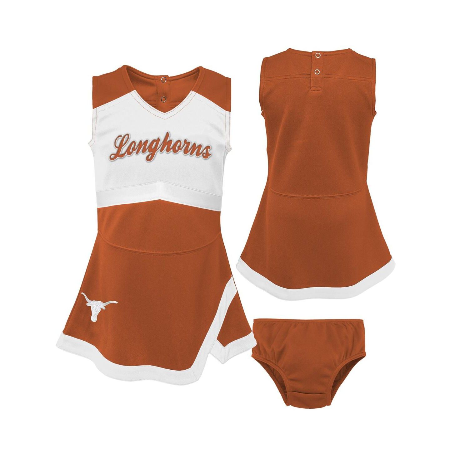 Платья Outerstuff Preschool Burnt Orange, White Texas Longhorns Two-Piece Cheer Captain Jumper Dress and Bloomers Set для девочек — фото 1