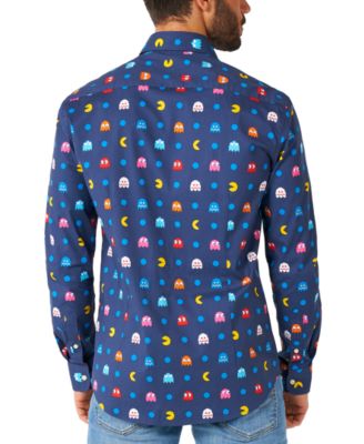 Big & Tall Pixel Official PAC-MAN Shirt - Retro Gaming Outfit - Including 1 Button- Up Shirt - Blue - Long sleeve