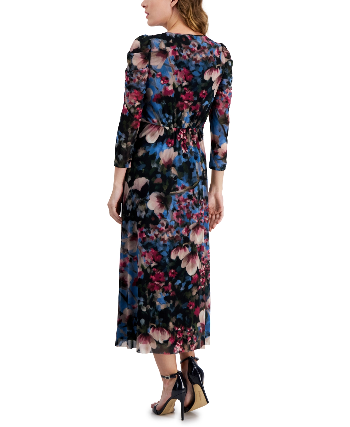 Shop Anne Klein Women's Floral-print Ruched Midi Dress In Black,amaranth Multi