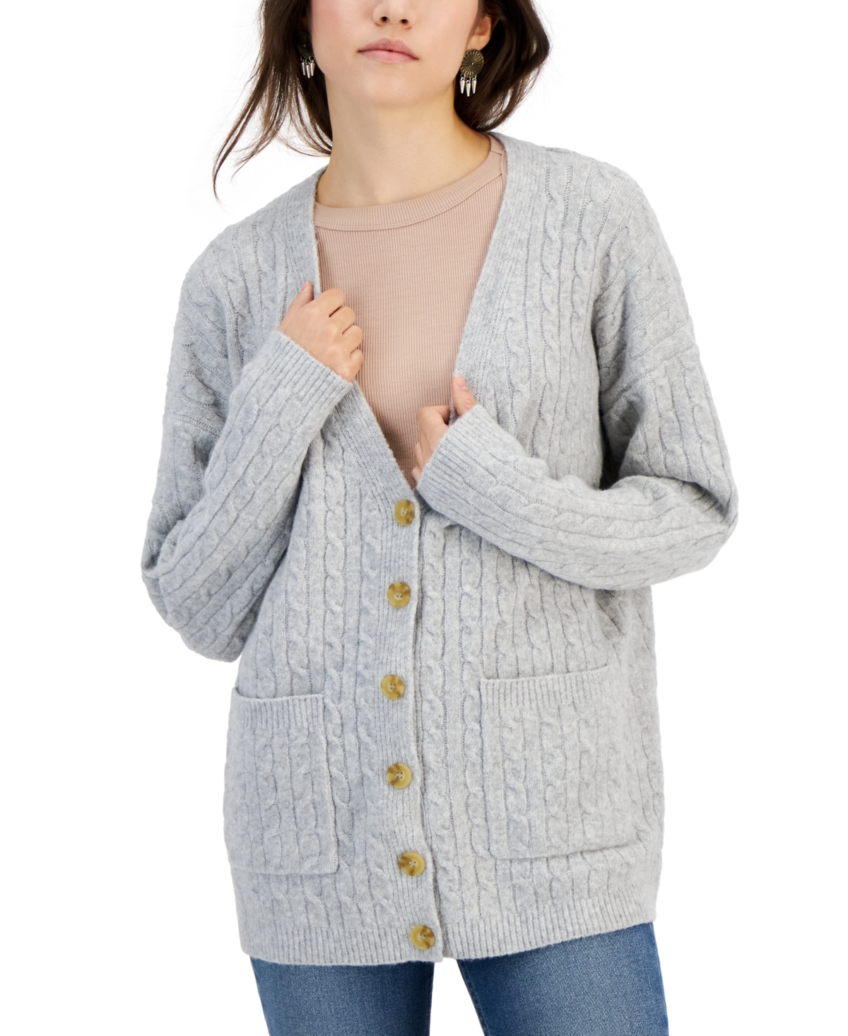 Hippie Rose Juniors' Baby-cable-knit Button-front Cardigan In Light Heather Grey