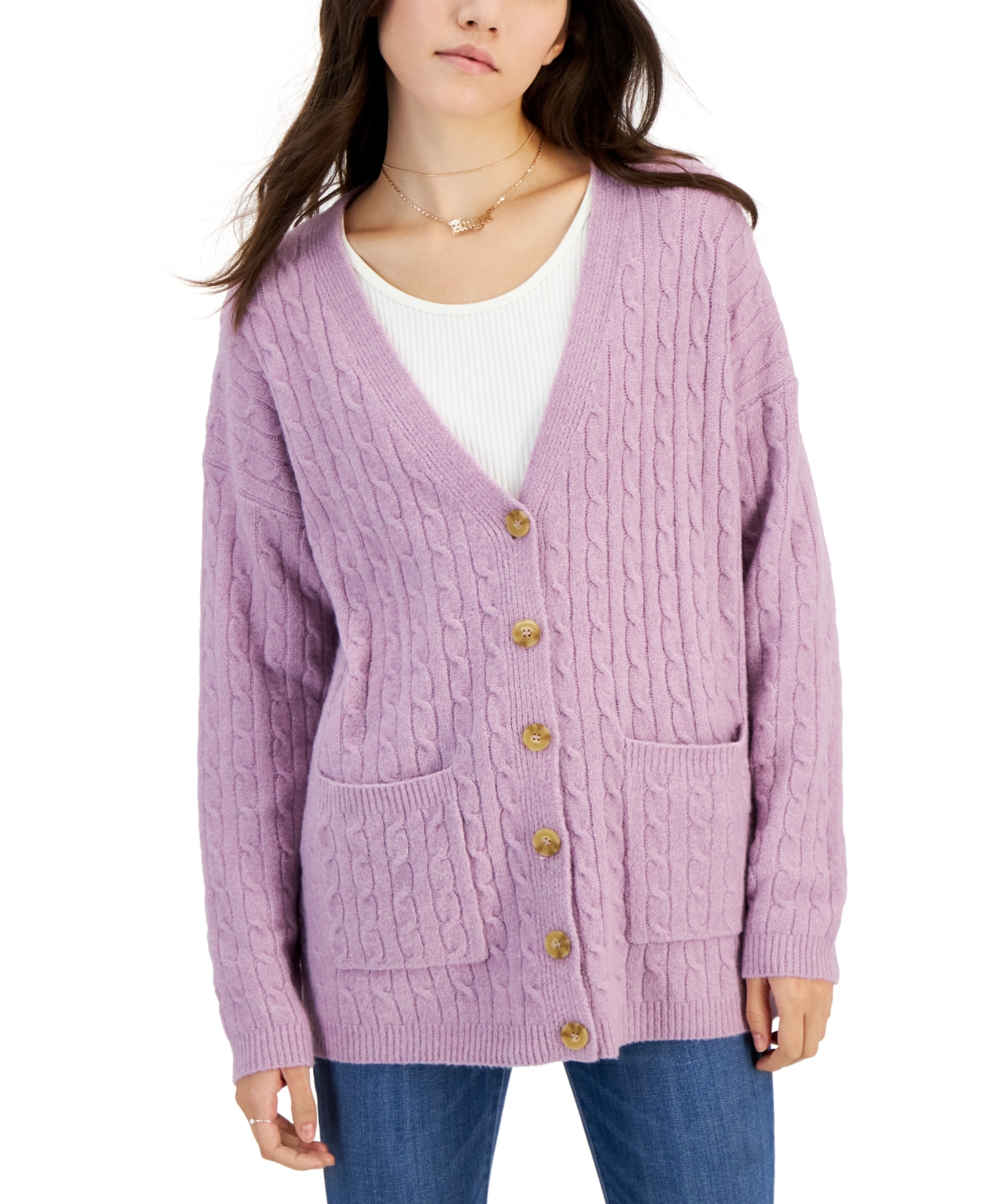 Hippie Rose Juniors' Baby-cable-knit Button-front Cardigan In Lilac Moon