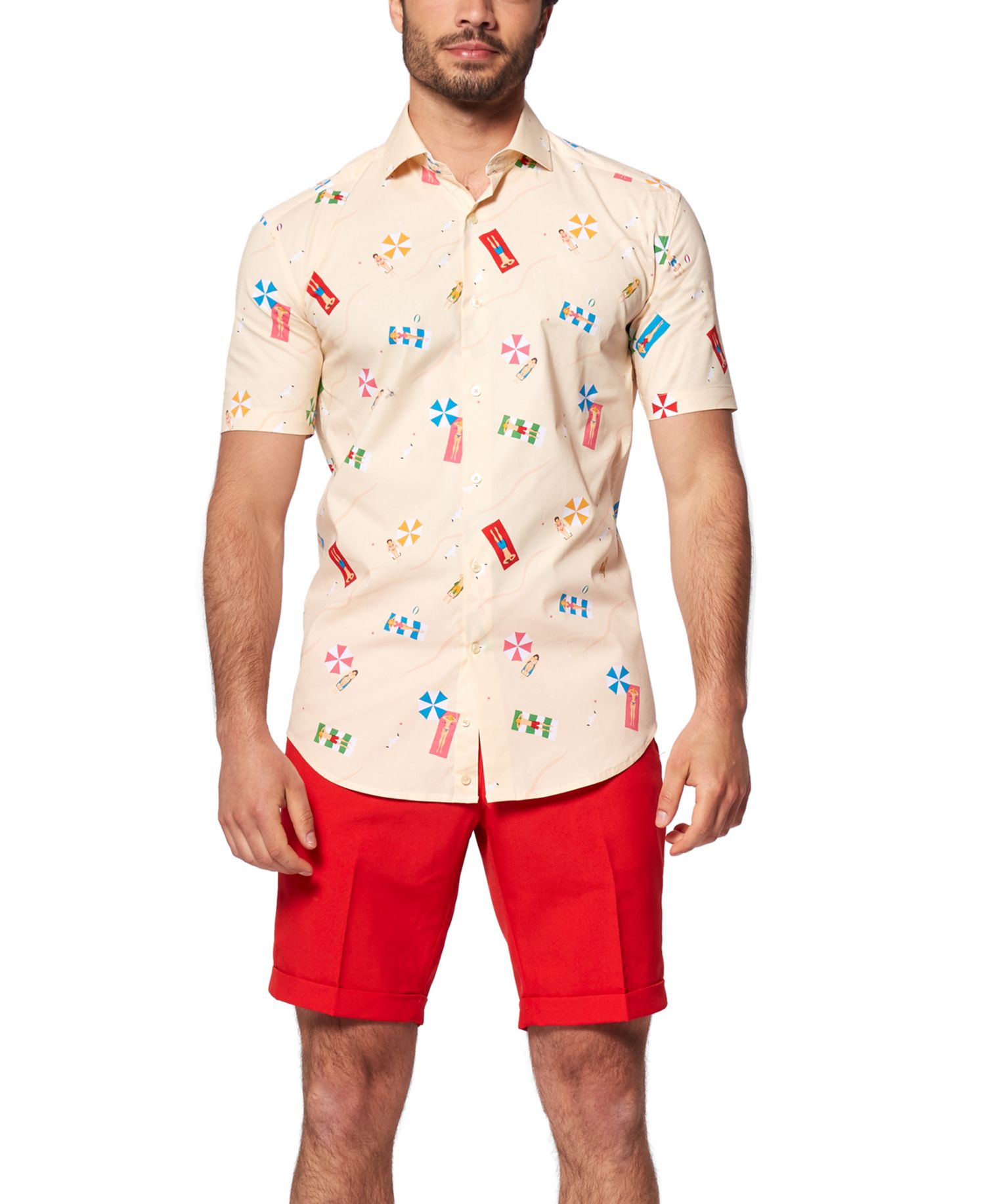 Big & Tall Beach Shirt - Short Sleeved Button Down Dress Shirt - Slim Fit - Beige