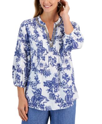Charter Club - Women's Linen Foliage-Print Embellished Tunic Top,