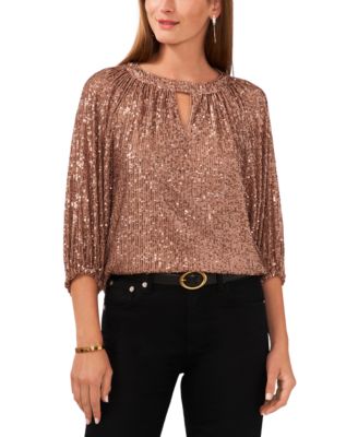 Women's Sequin Keyhole Detail Raglan Sleeve Top