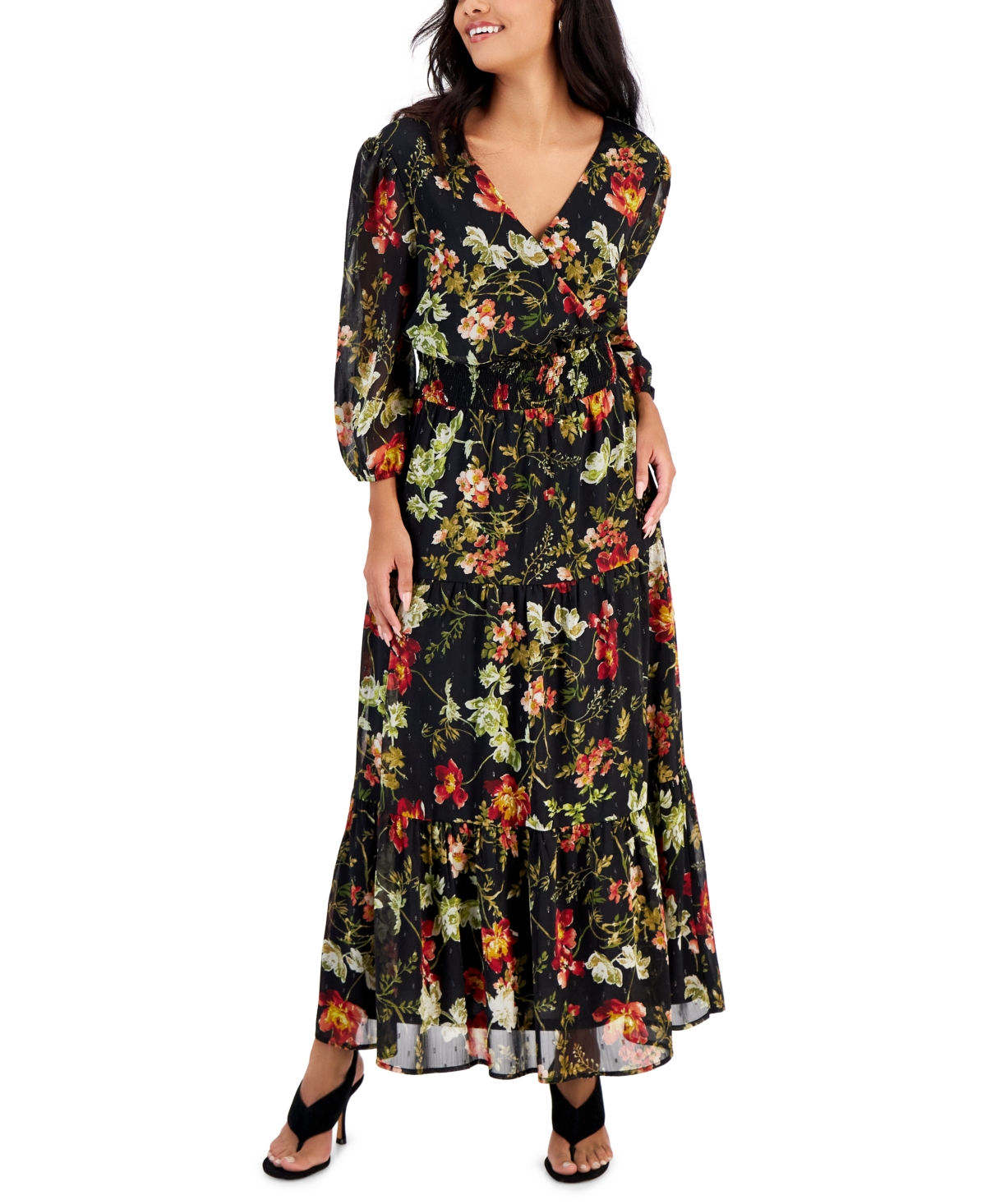 Tinsel Petite V-neck Smocked-waist Tiered Maxi Dress In Black Red Floral