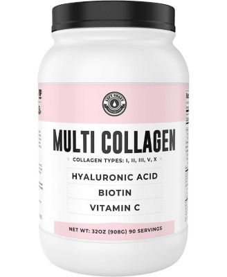 Multi Collagen Powder with Biotin, Hyaluronic Acid, Vitamin C | Hydrolyzed Collagen Protein Supplement (Types I, II, III, V, X). Hair,Skin, Nails for Women, Men | 32 oz
