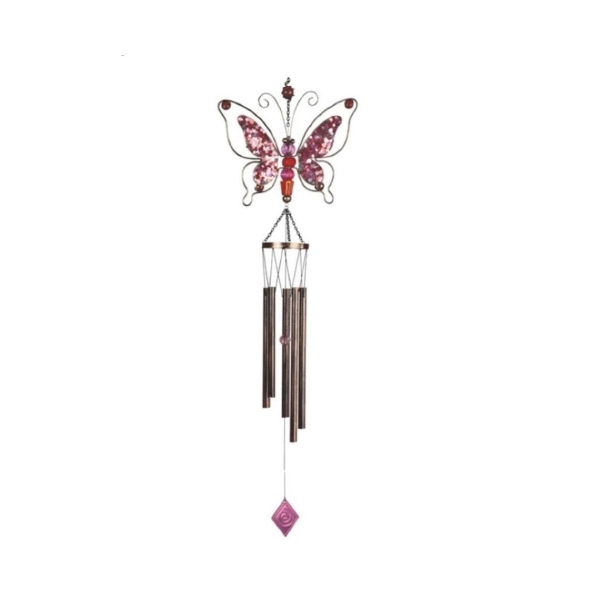 42' Long Pink Metal Wired Butterfly Wind Chime with Gem - Multi