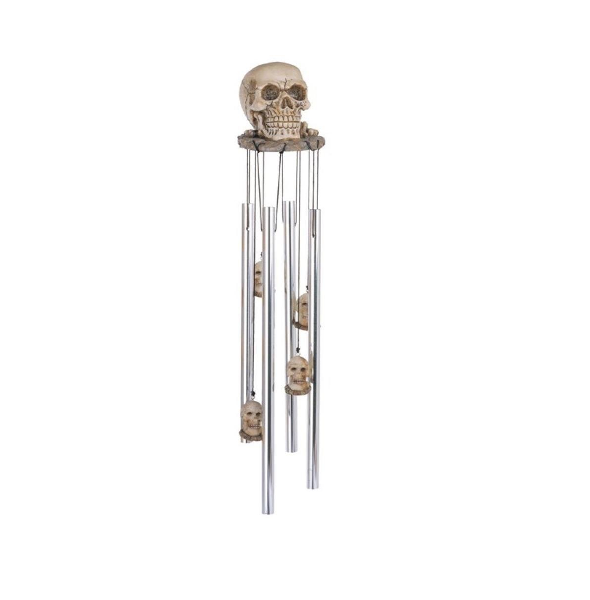 23" Long Skull Head Round Top Wind Chime Fantasy Figurine - Silver