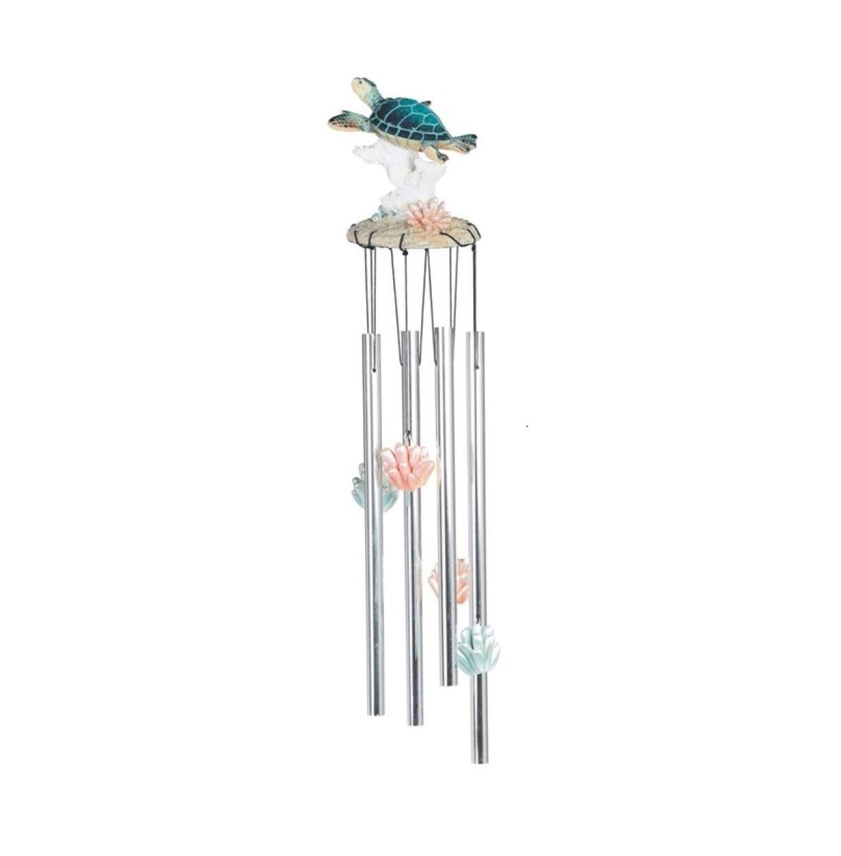 23" Long Sea Turtle with Coral Round Top Wind Chime Marine Life - Silver