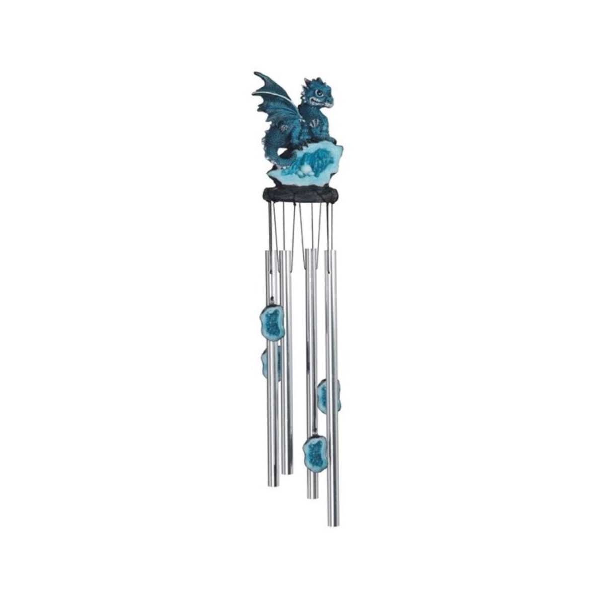 23" Long Dragon on Blue Faux Crystal Round Top Wind Chime - Silver
