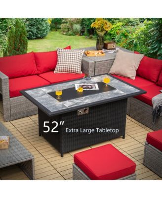 52'' Propane Fire Pit Table Marble Tabletop Rattan Wicker w/ Rain Cover Lava Rock