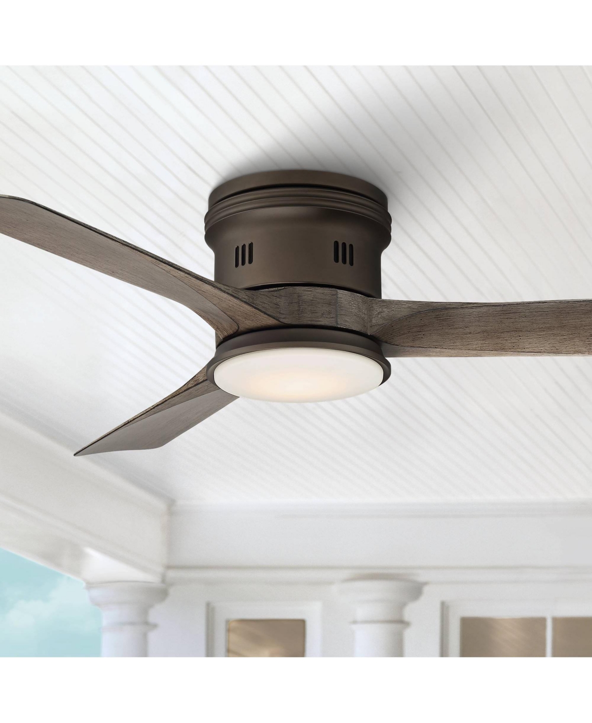 Casa Vieja Salerno Modern Industrial Hugger Low Profile 3 Blade Indoor Outdoor Ceiling Fan with Light Led Remote Bronze Wood Opal Glass Damp Rated