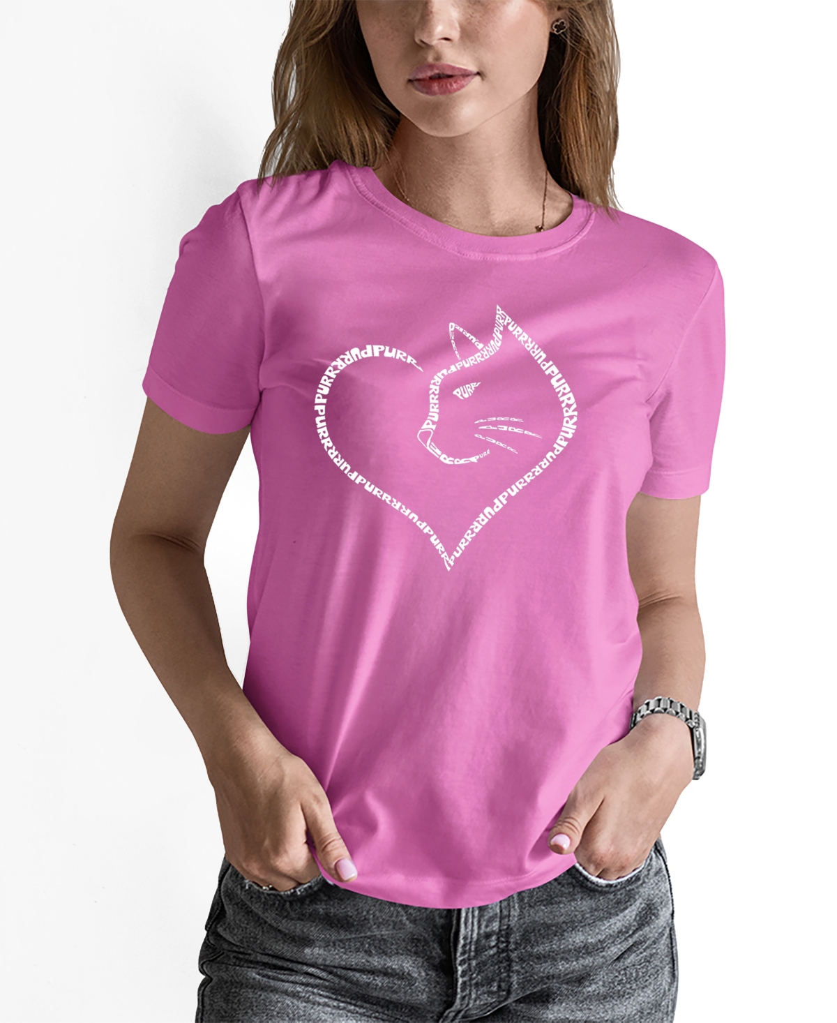 La Pop Art Women's Cat Heart Word Art Short Sleeve T-shirt