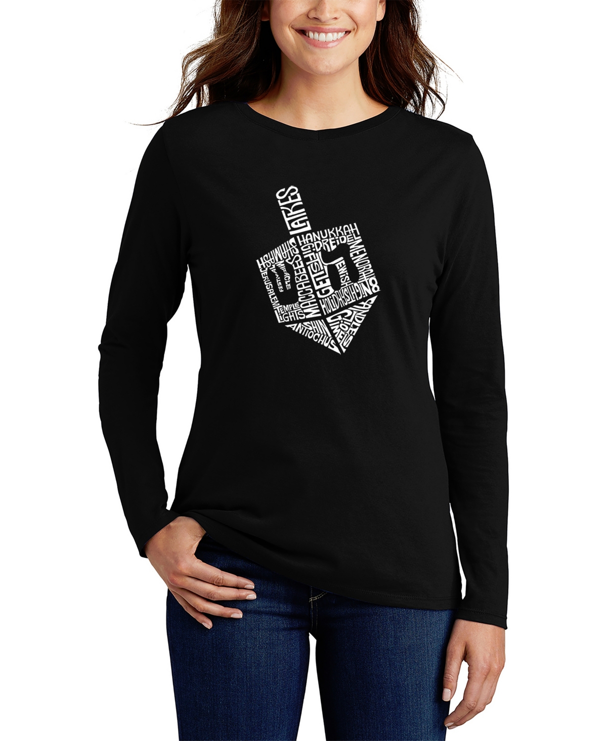 La Pop Art Women's Hanukkah Dreidel Word Art Long Sleeve T-shirt In Black