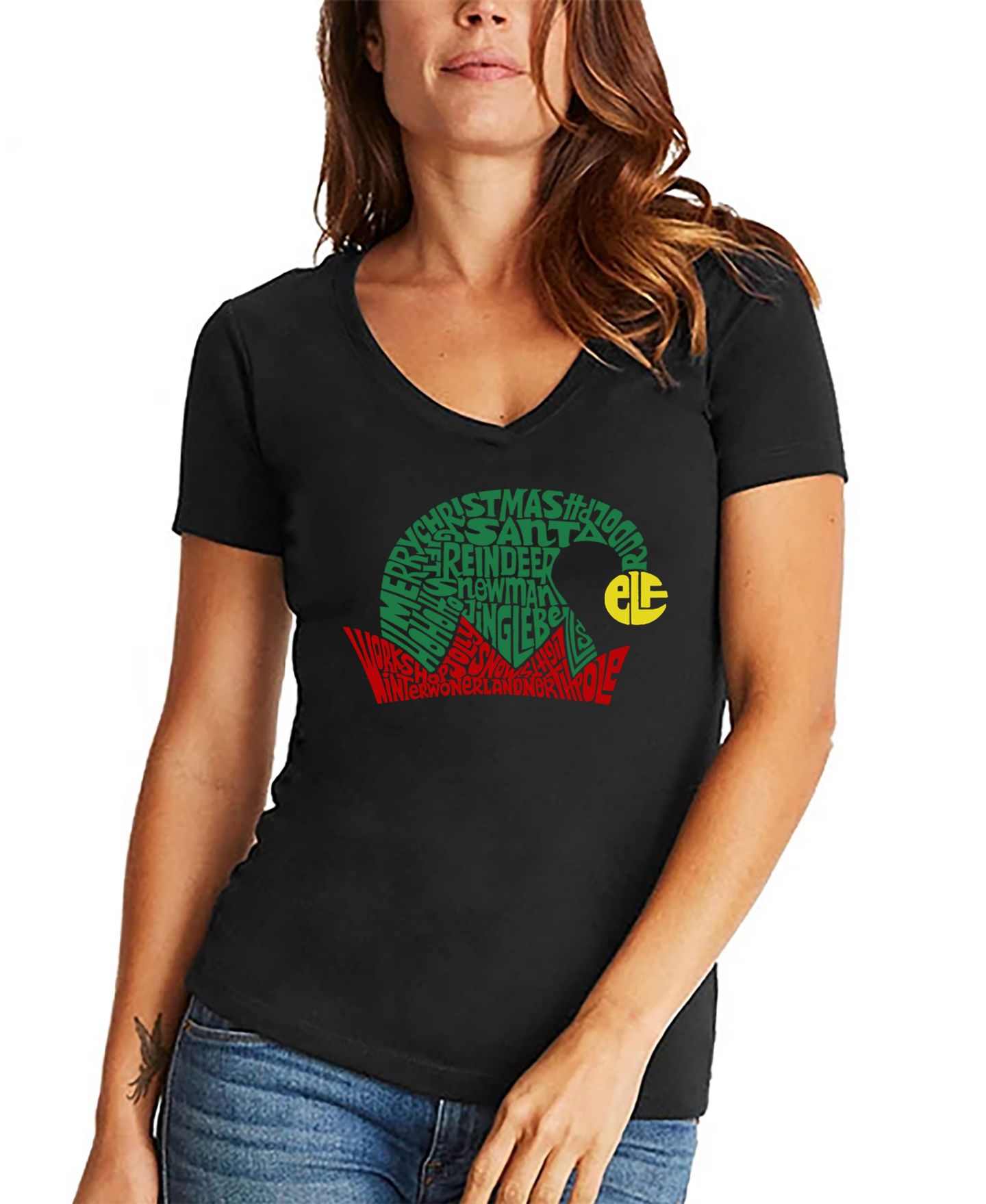 Женская футболка LA Pop Art Christmas Elf Hat Word Art V-neck, цвет: Чёрный — фото 1