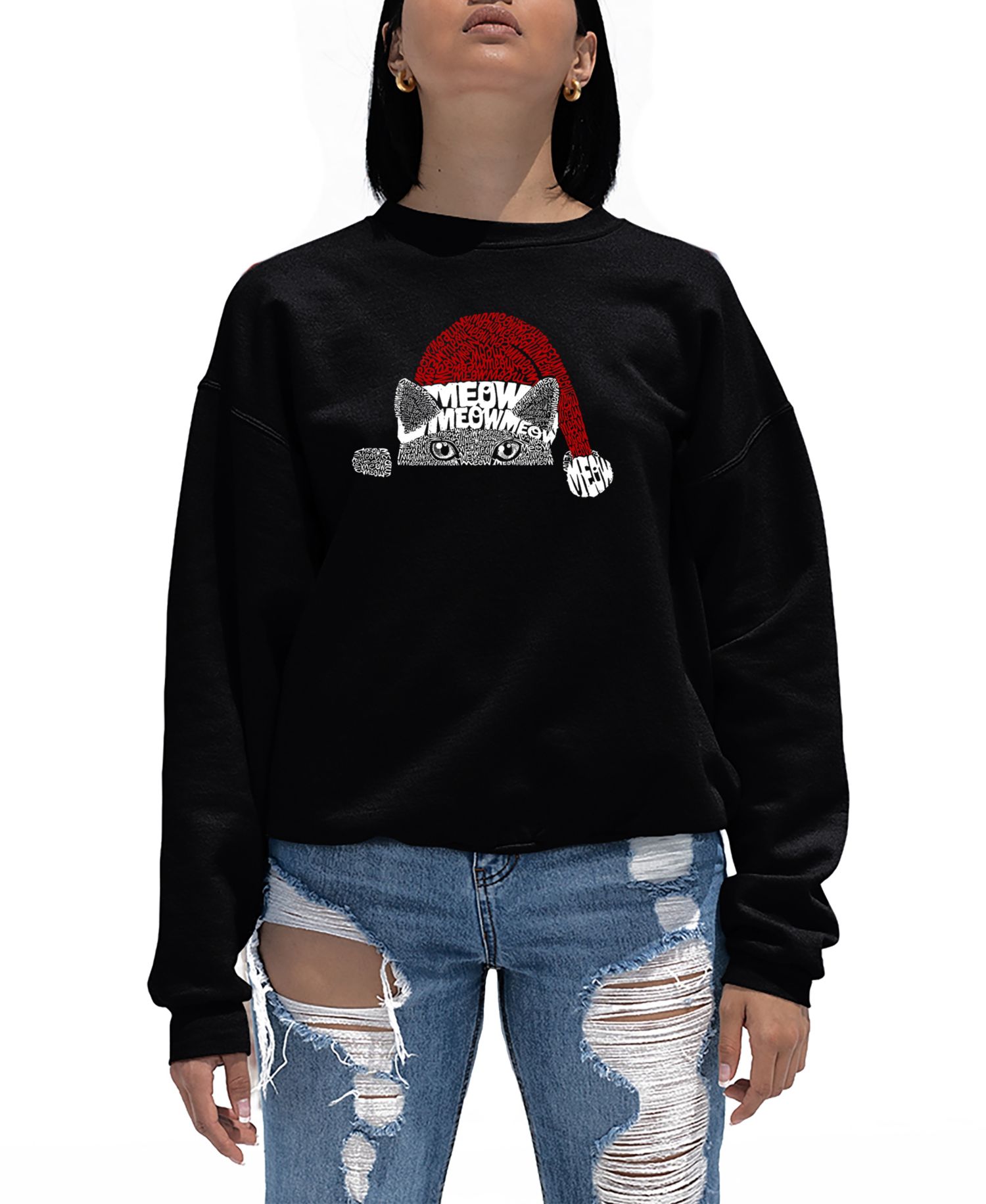 Women's Christmas Peeking Cat Word Art Crewneck Sweatshirt