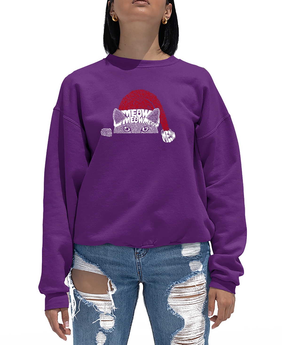 La Pop Art Women's Christmas Peeking Cat Word Art Crewneck Sweatshirt In Purple