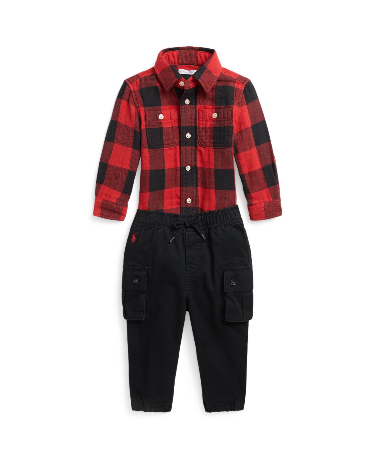 POLO RALPH LAUREN BABY BOYS DOUBLE FACED COTTON SHIRT AND STRETCH JOGGER CARGO PANT SET