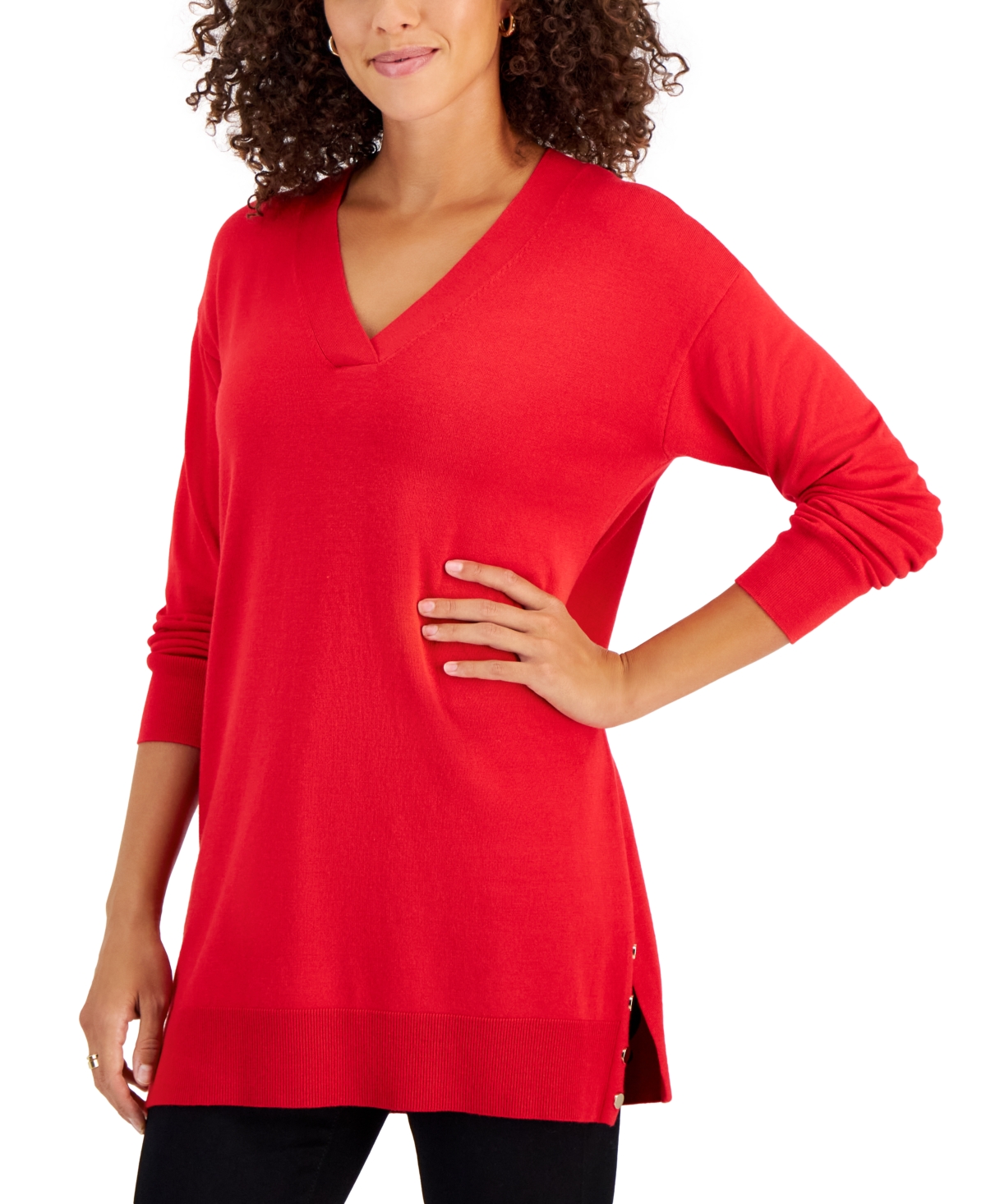 Jm Collection Women's V-neck Side-snap Tunic Sweater, Created For Macy's In Real Red