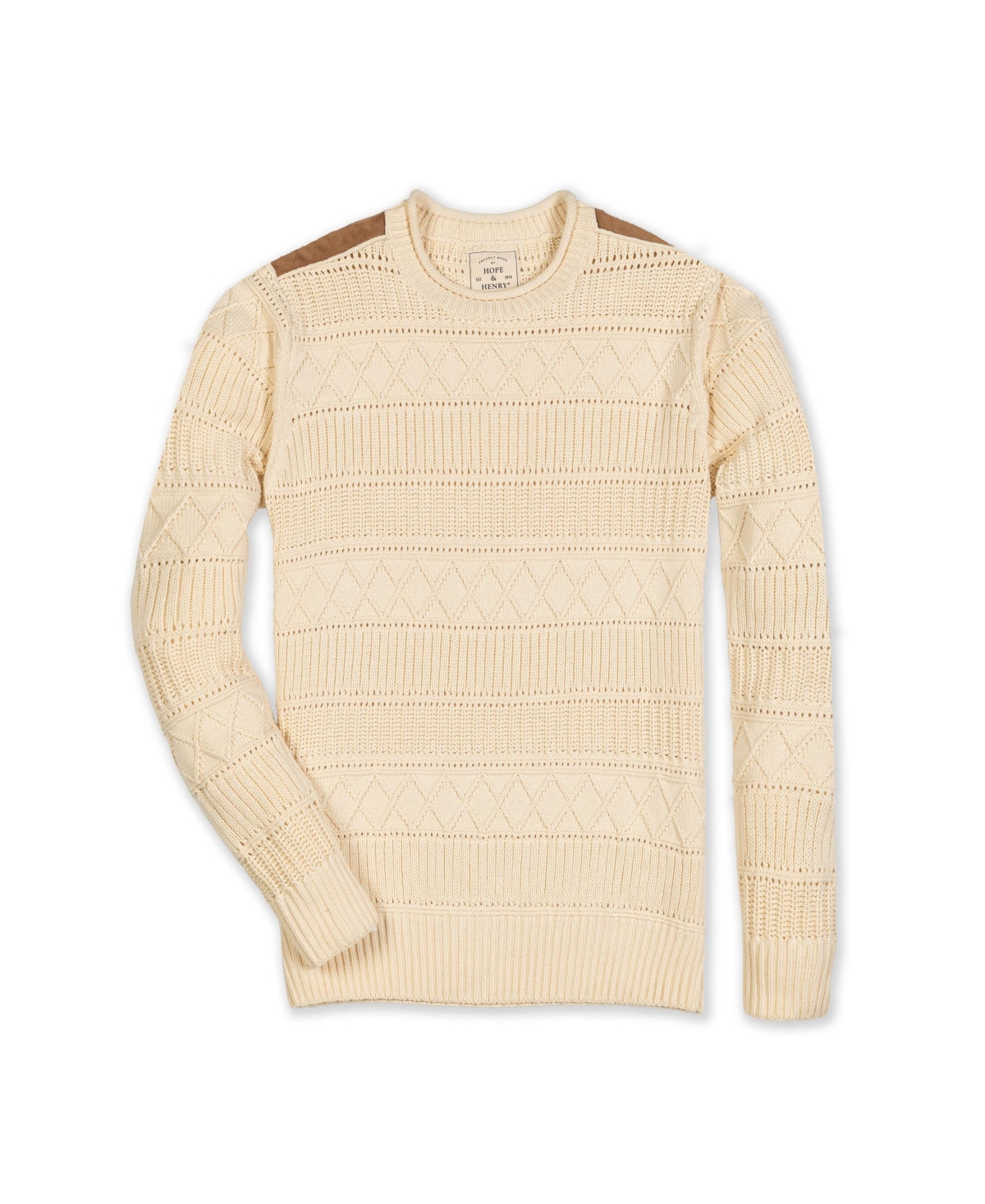 Men's Crew Neck Cable Sweater with Suede Detail - Ivory textured cable stripe