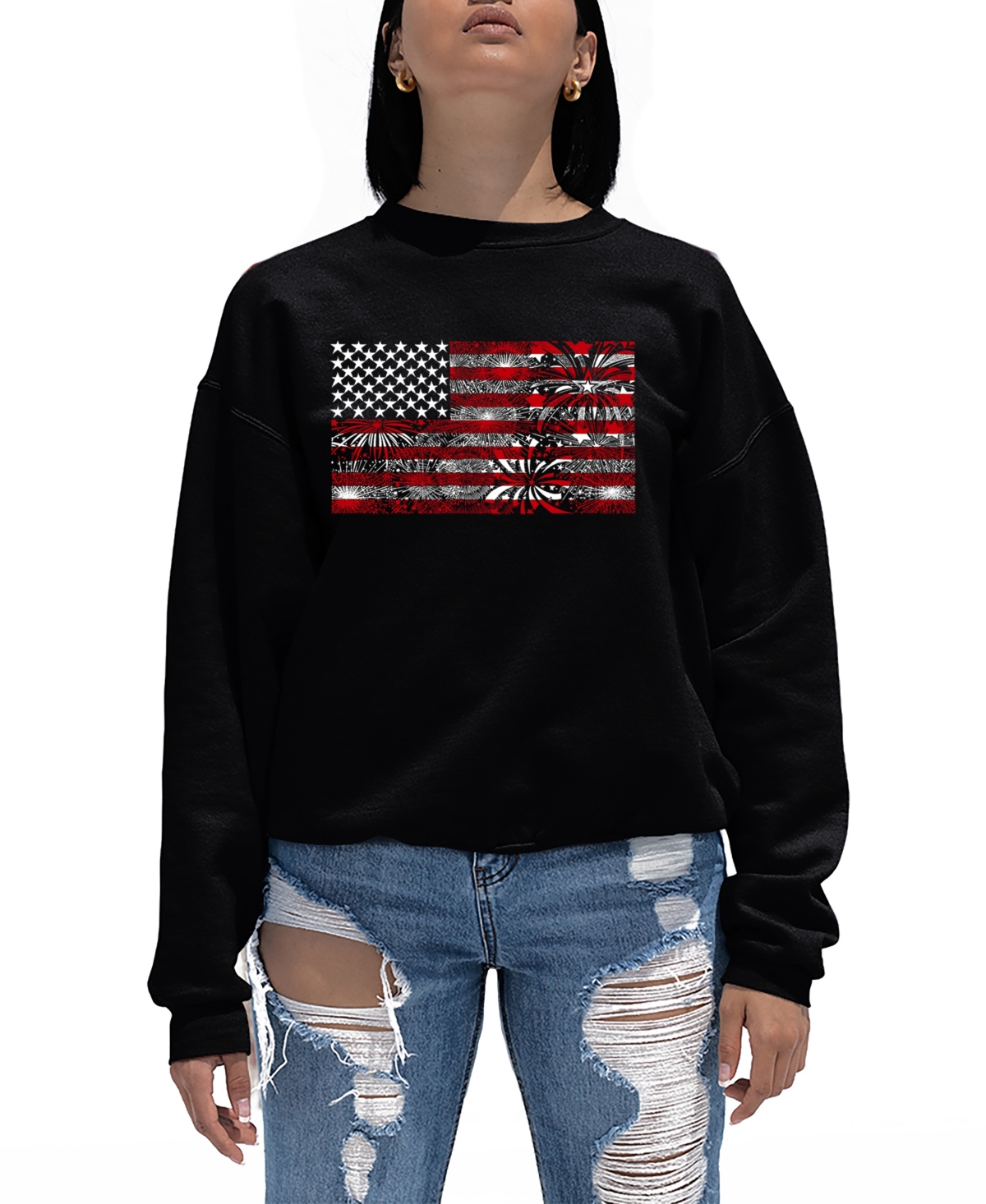 La Pop Art Women's Fireworks American Flag Word Art Crewneck Sweatshirt In Black