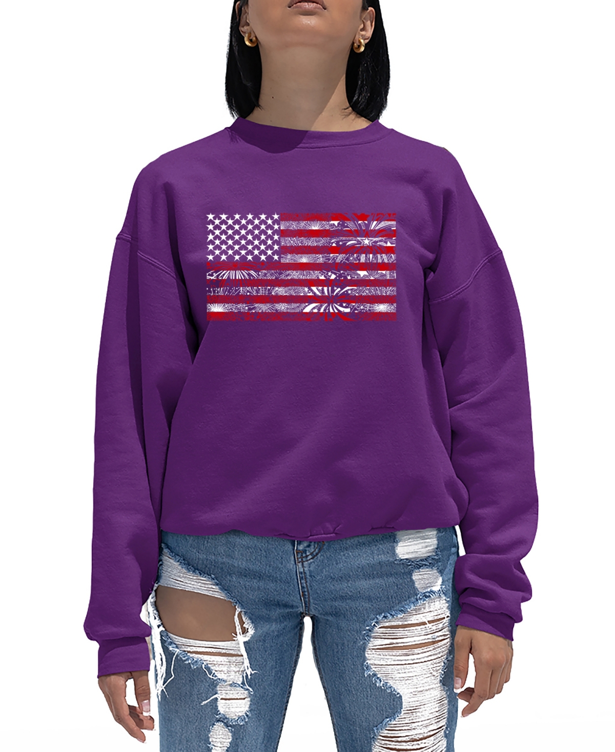 Shop La Pop Art Women's Fireworks American Flag Word Art Crewneck Sweatshirt In Purple