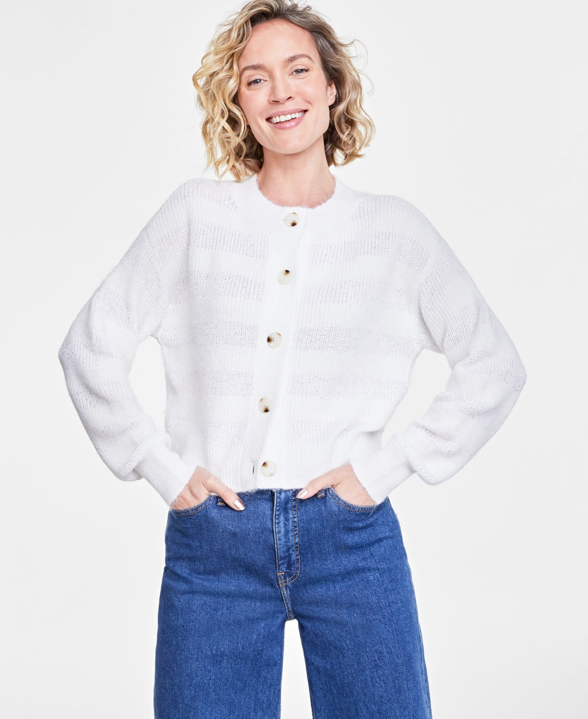 On 34th Women's Striped Sequin Cardigan, Created For Macy's In White Sequin Combo