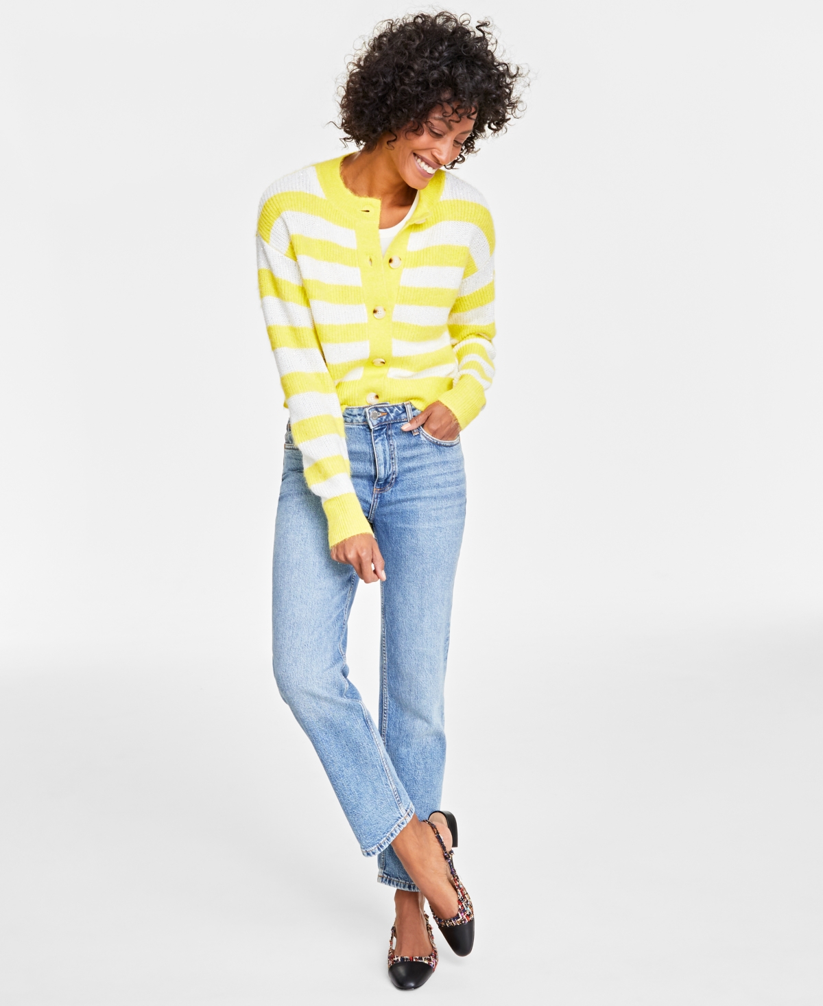 On 34th Women's Striped Sequin Cardigan, Created For Macy's In Yellow White Combo