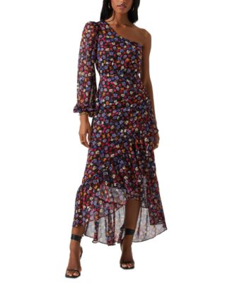 ASTR the Label Women's Calista Asymmetrical-Neck Floral-Print Midi Dreess -  Macy's