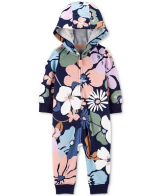 Baby Girls Cotton Floral-Print Hooded French Terry Jumpsuit