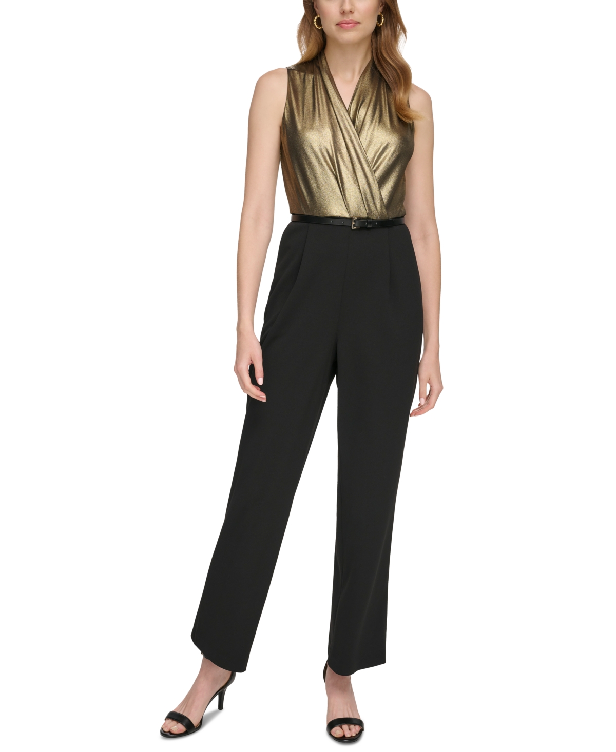 Tommy Hilfiger Petite Glitter-top Wide-leg Jumpsuit In Black.gold