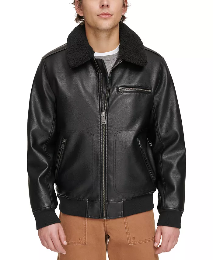 Men's Sherpa Collar Faux Leather Bomber Jacket - thumbnail 8