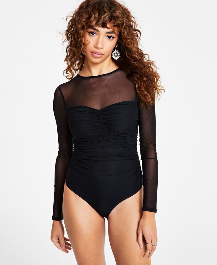 GUESS Women's Brianne Long-Sleeve Ruched Mesh Bodysuit - Macy's