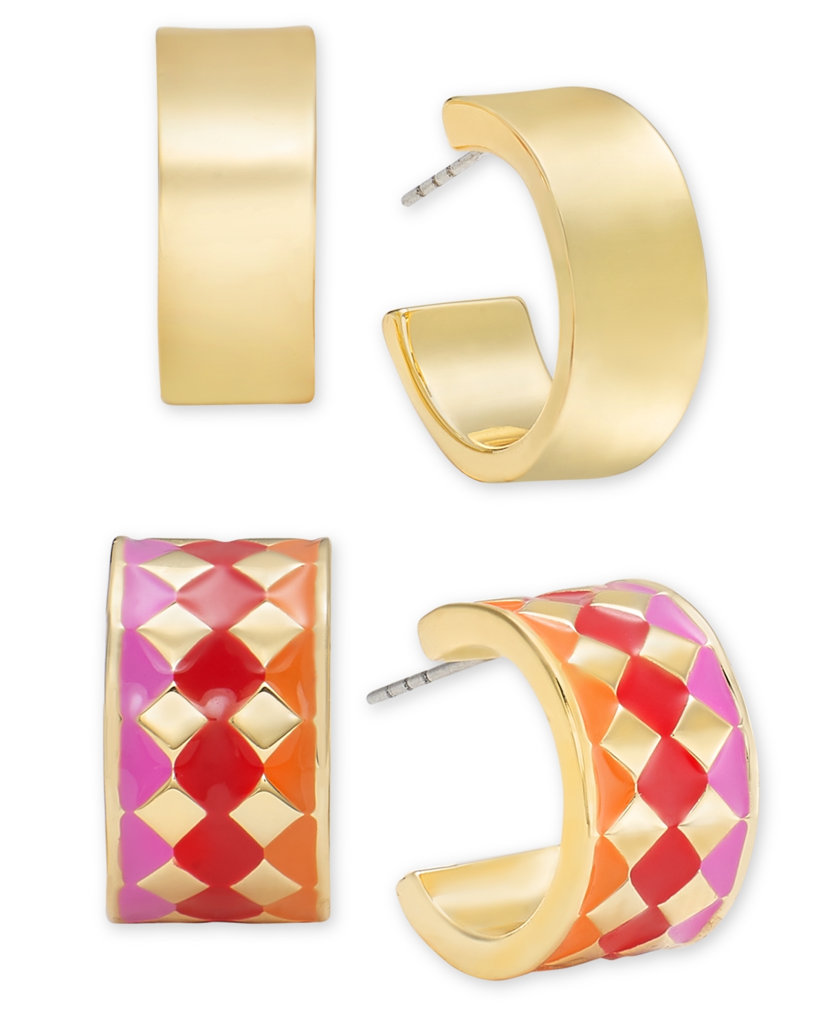 On 34th Gold-tone 2-pc. Set Small Color Block Hoop Earrings, Created For Macy's In Red
