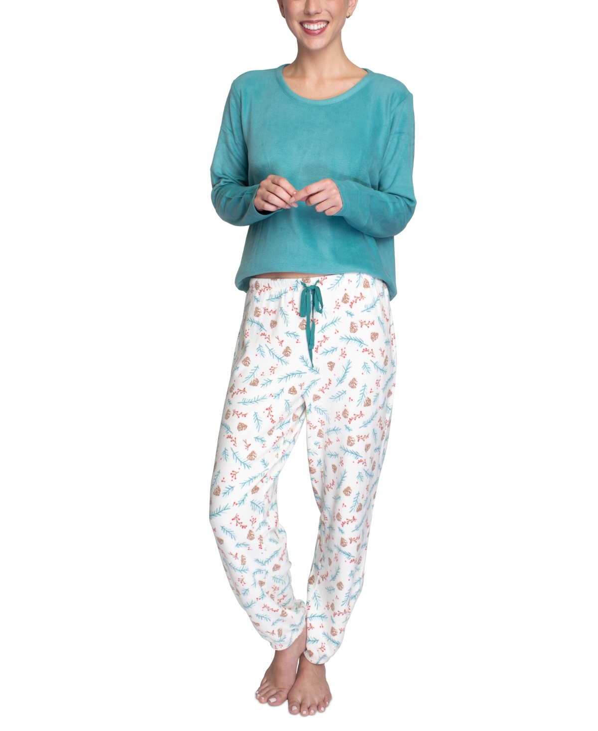 Hanes Women's Plus Size 2-pc. Stretch Fleece Pajamas Set In Green,pinecones