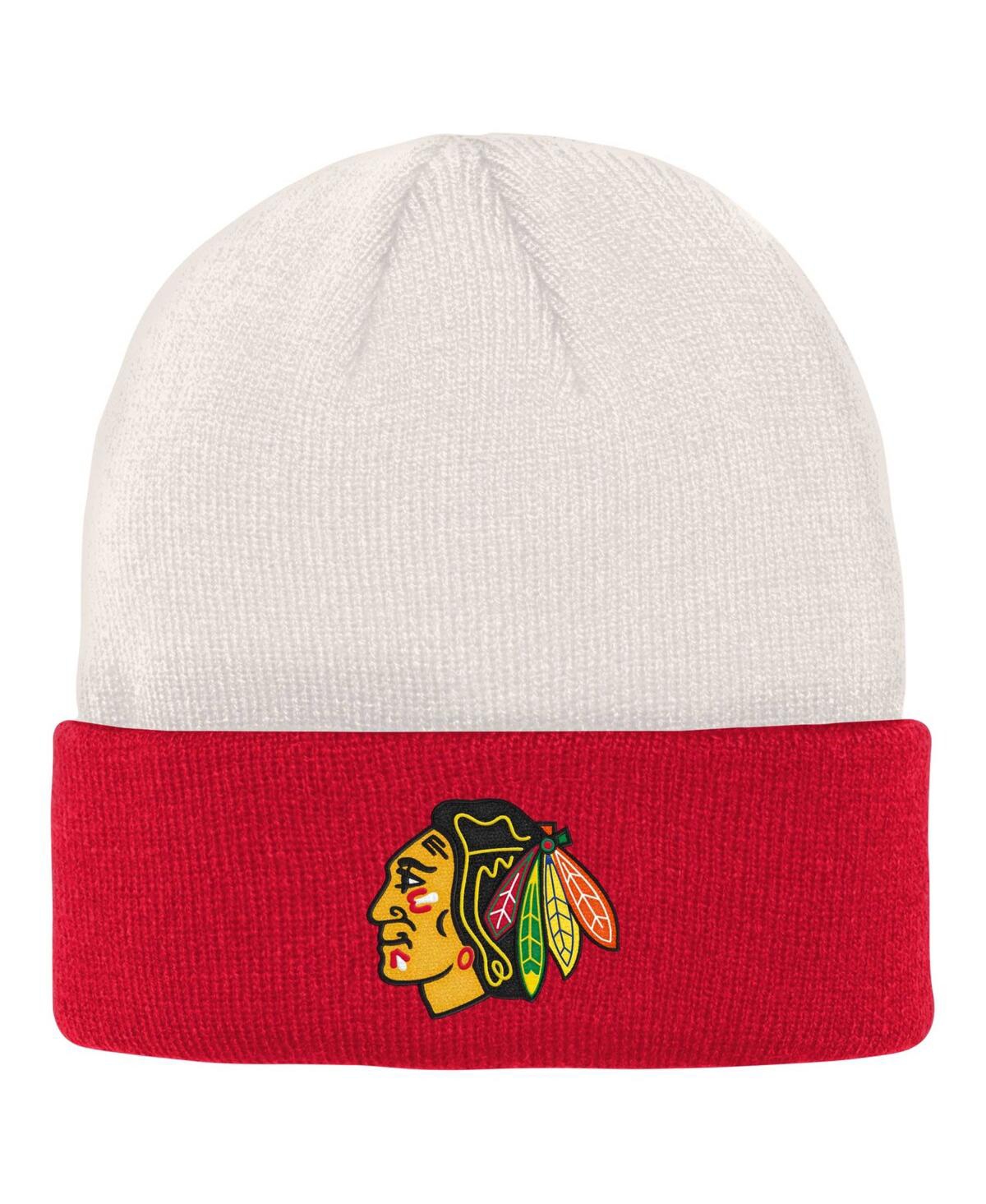 Outerstuff Kids' Big Boys And Girls Cream, Red Chicago Blackhawks Logo Cuffed Knit Hat In Cream,red