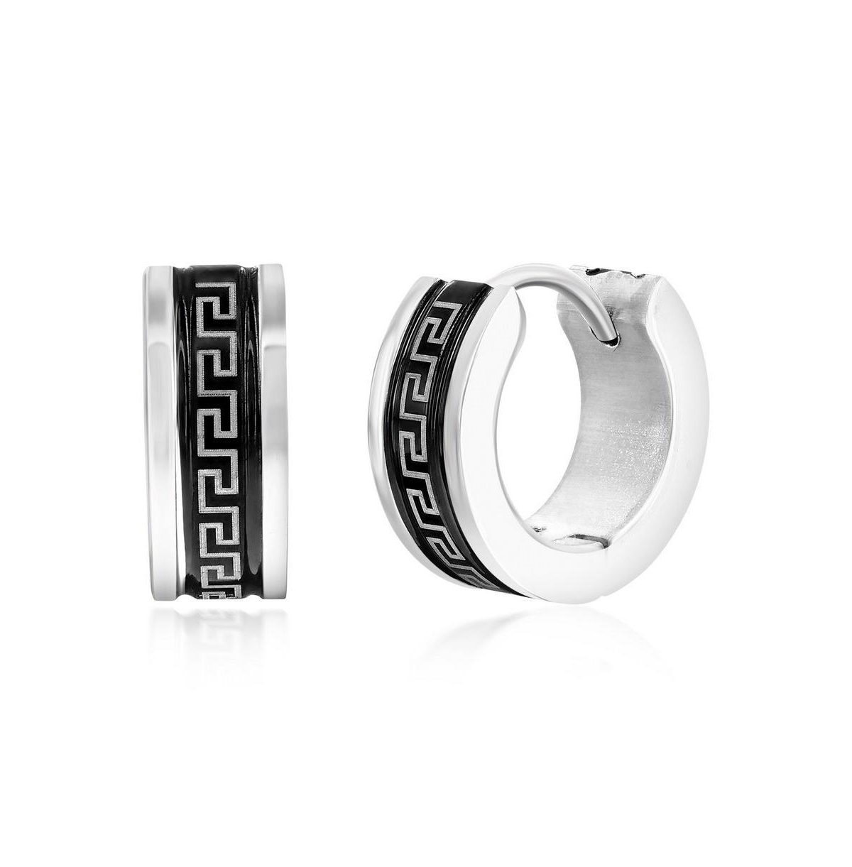Stainless Steel 13mm Greek Key Hoop Earrings - Black  blue