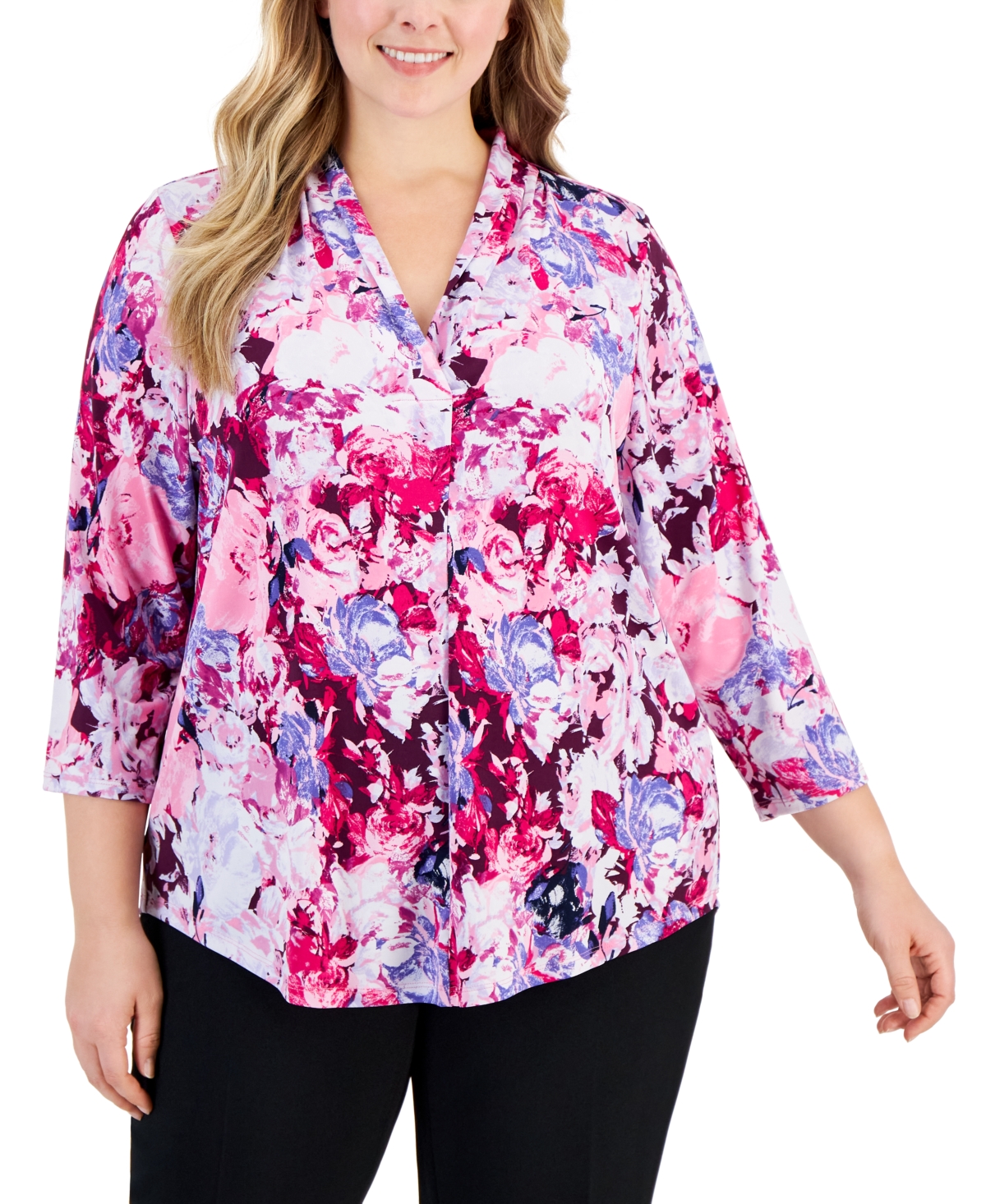Jm Collection Plus Size Floral-print Top, Created For Macy's In Bitter Purple Combo