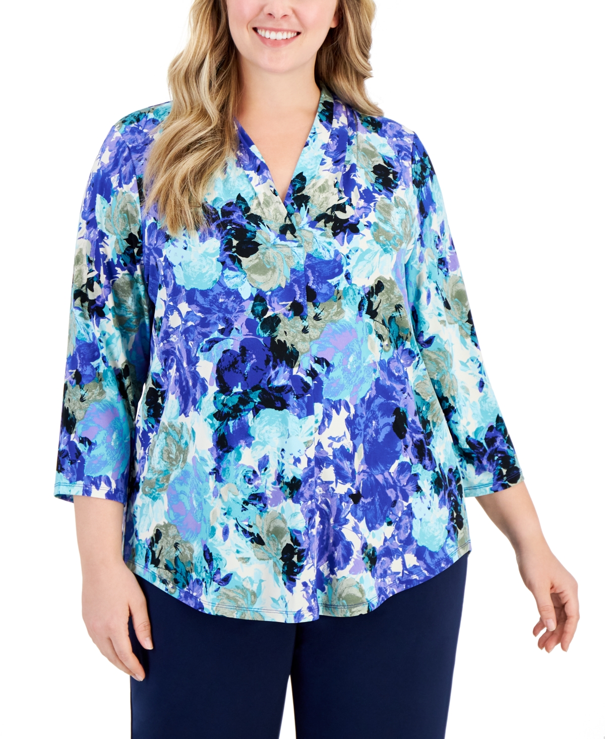 Jm Collection Plus Size Floral-print Top, Created For Macy's In Modern Blue Combo