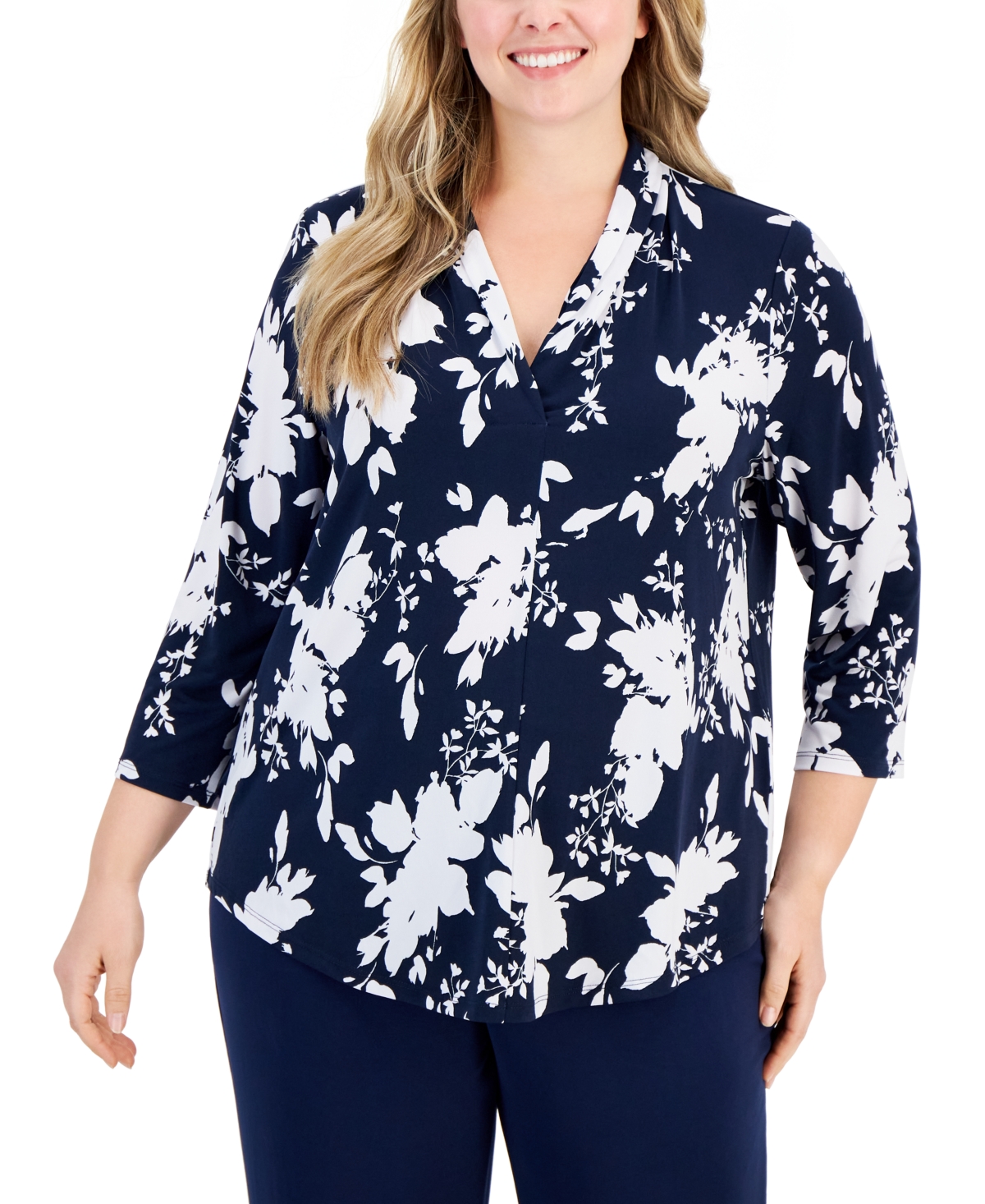 Jm Collection Plus Size Floral-print Top, Created For Macy's In Bright White Combo