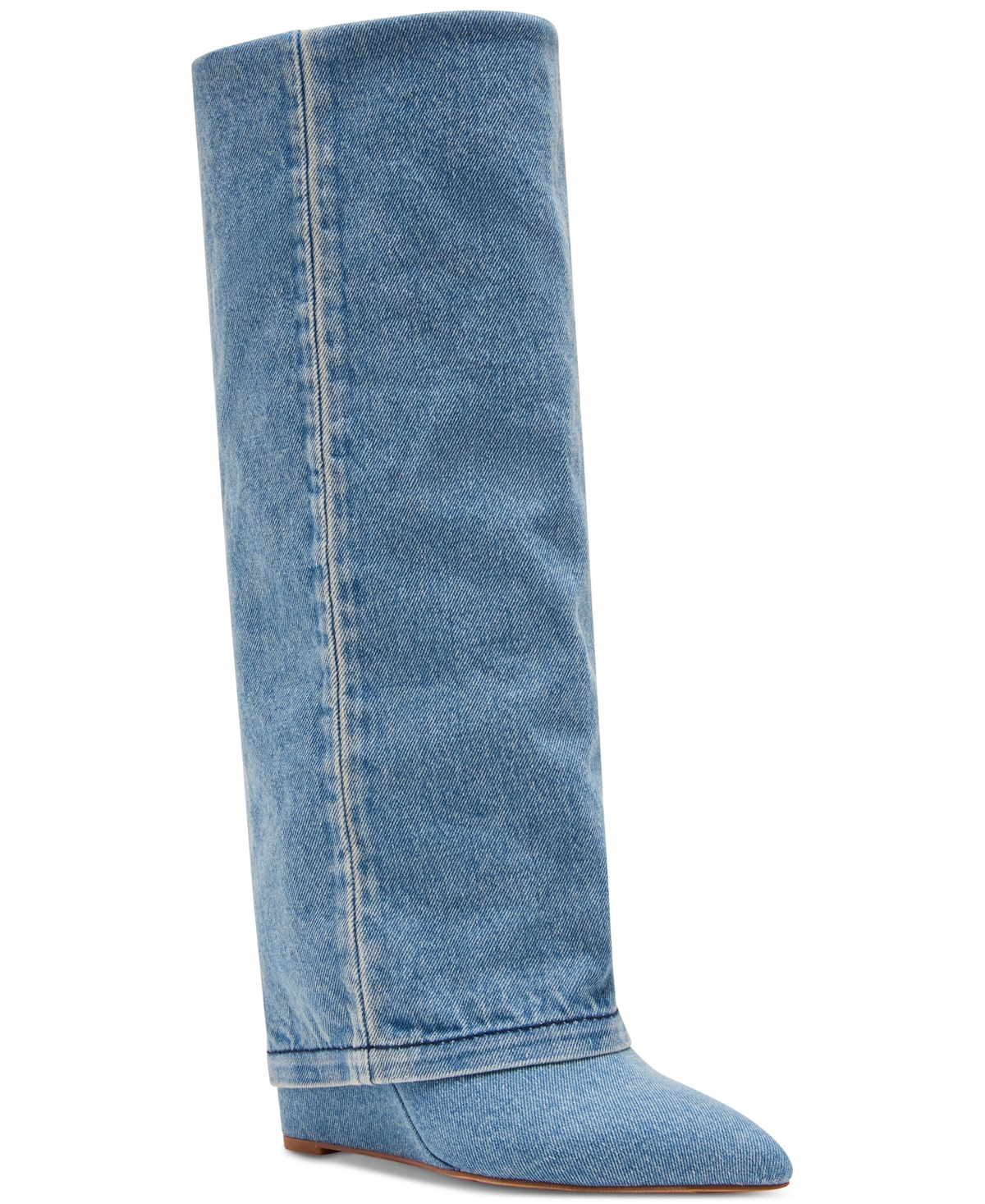Evander Wide-Calf Fold-Over Cuffed Knee High Wedge Dress Boots - Denim