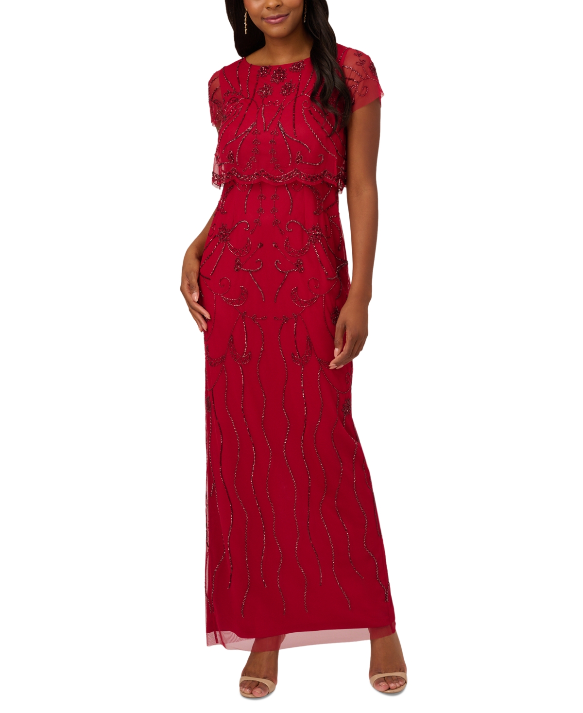 Best 1920s Prom Dresses – Great Gatsby Style Gowns Adrianna Papell Petite Beaded Scalloped-Popover Gown - Cranberry $229.00 AT vintagedancer.com