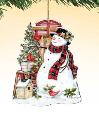 Holiday Wooden Ornaments Snowman with Cardinals Home Decor Set of 2 S. Winget