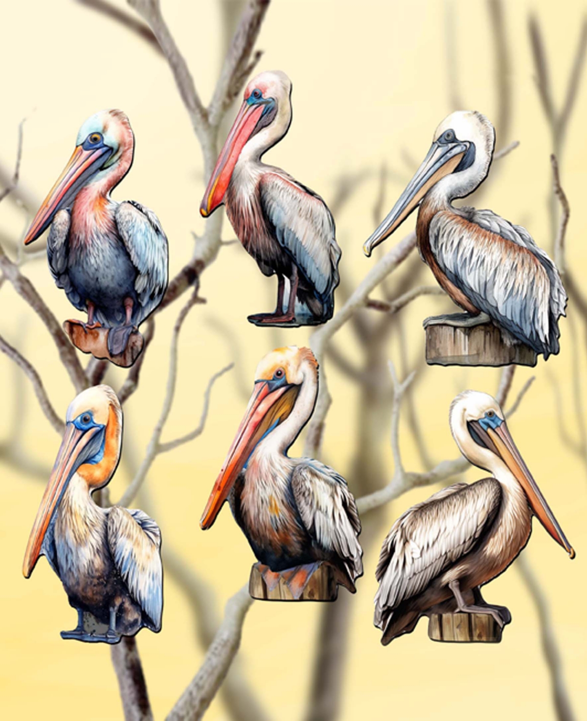 Designocracy Holiday Wooden Clip-on Ornaments Pelicans Set Of 6 G. Debrekht In Multi Color