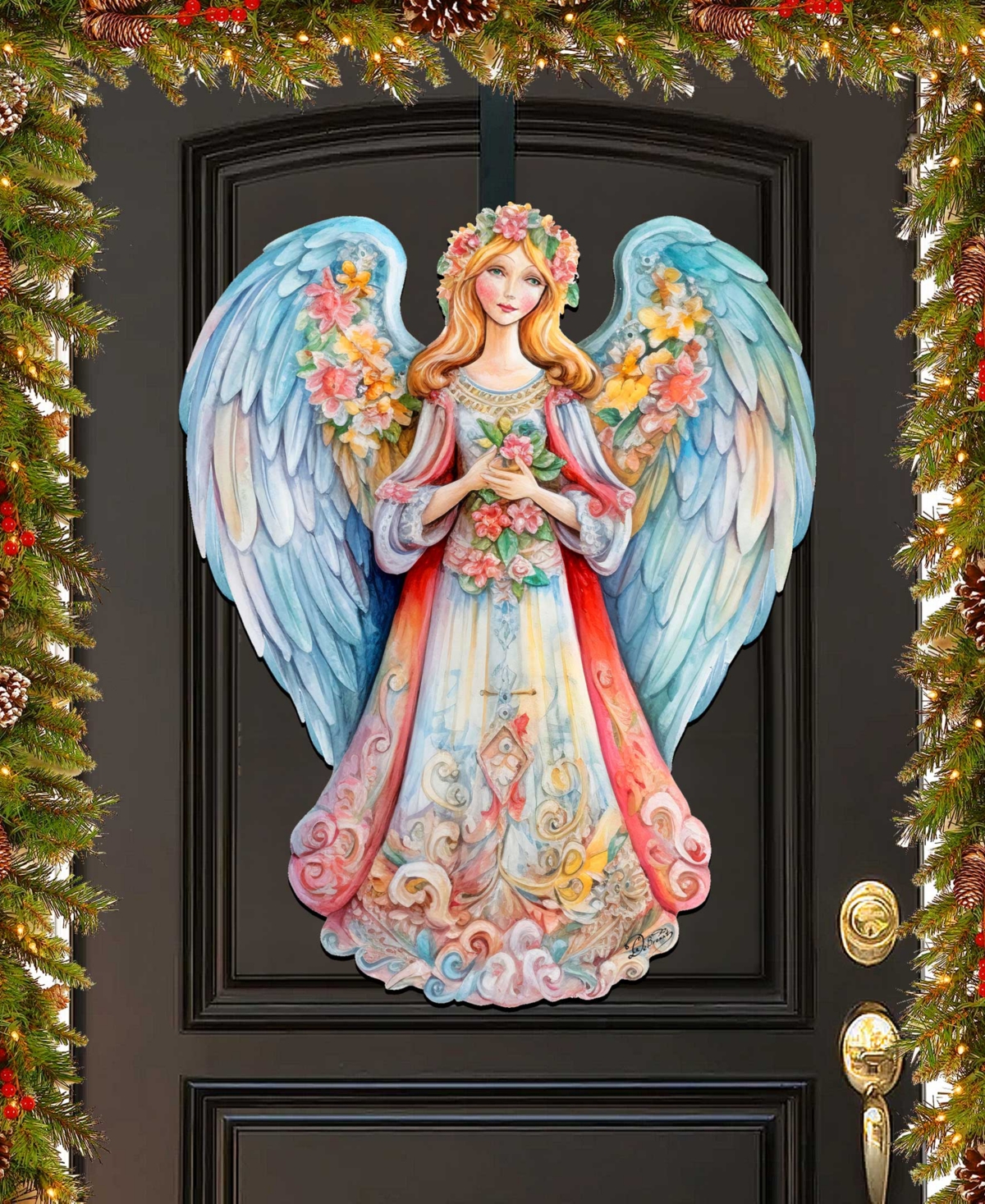 Designocracy Floral Angel Christmas Wooden Door Decor Wall Decor G. Debrekht In Multi Color