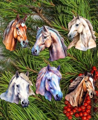 Holiday Wooden Clip-On Ornaments Horses Set of 6 G. DeBrekht