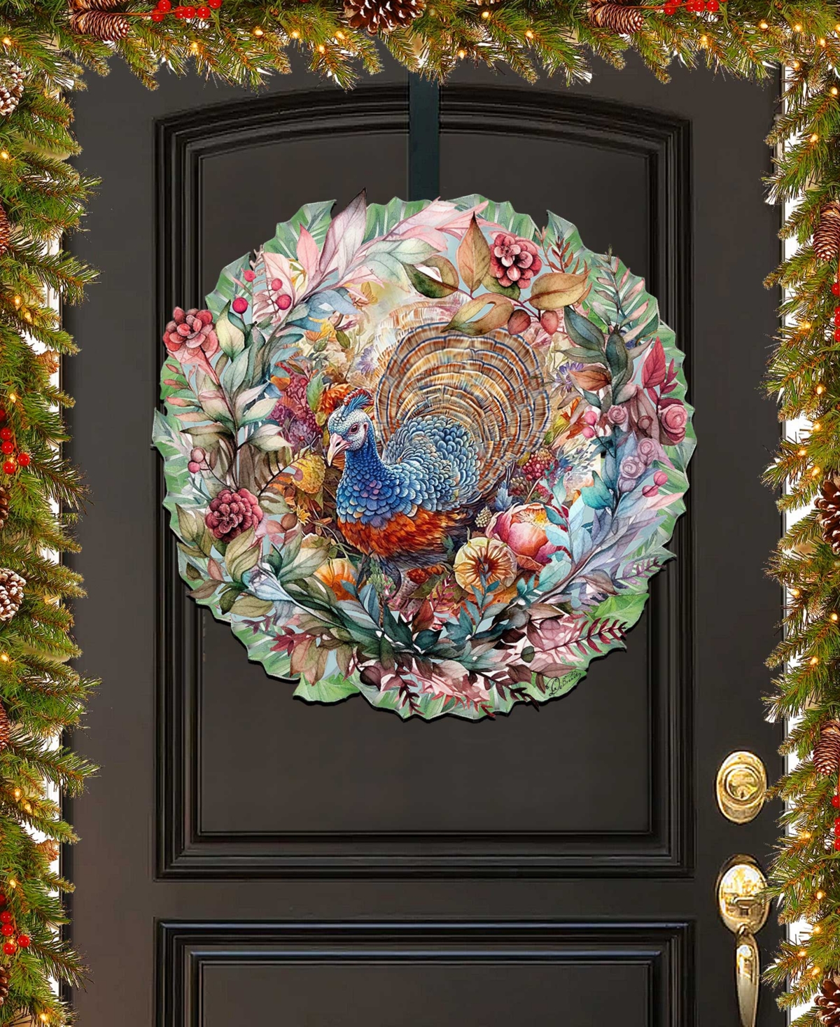Designocracy Holiday Wood Door Decor Wall Decor Hanging Decoration Turkey Wreath G. Debrekht In Multi Color