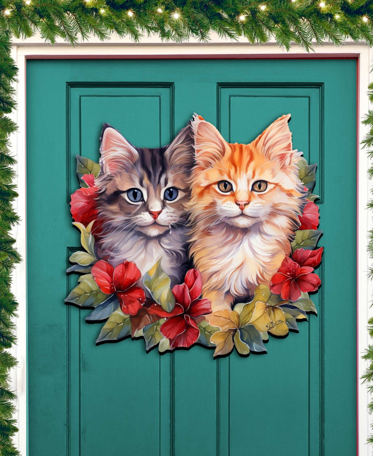 Designocracy Cute Kittens Christmas Wooden Door Hanger Door Decor G. Debrekht In Multi Color
